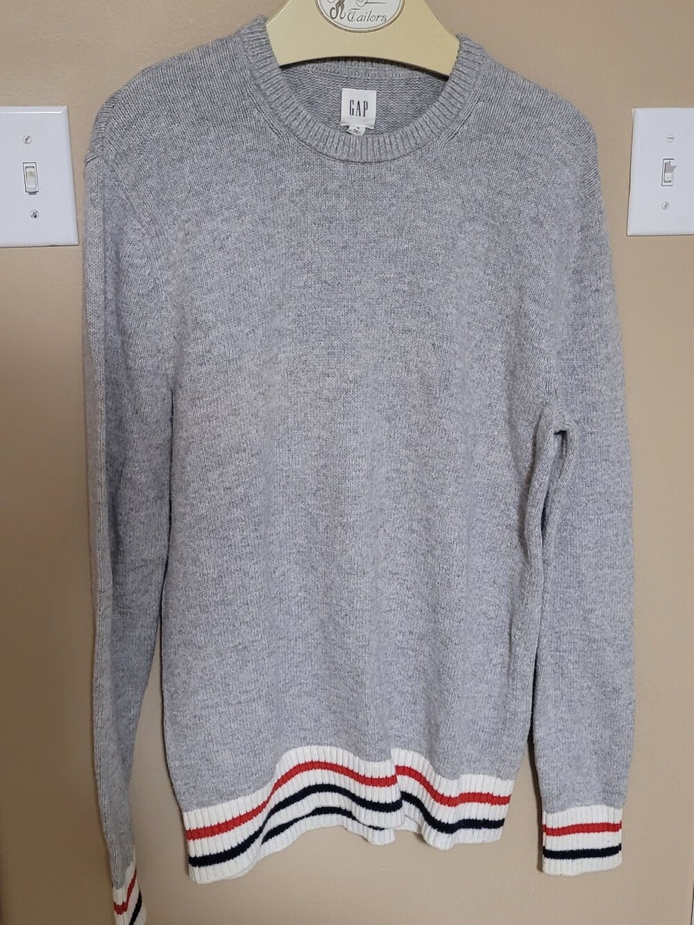 GAP Light Gray Crewneck Sweater with Red & Black Stripe Hem